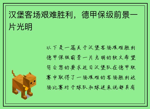 汉堡客场艰难胜利，德甲保级前景一片光明